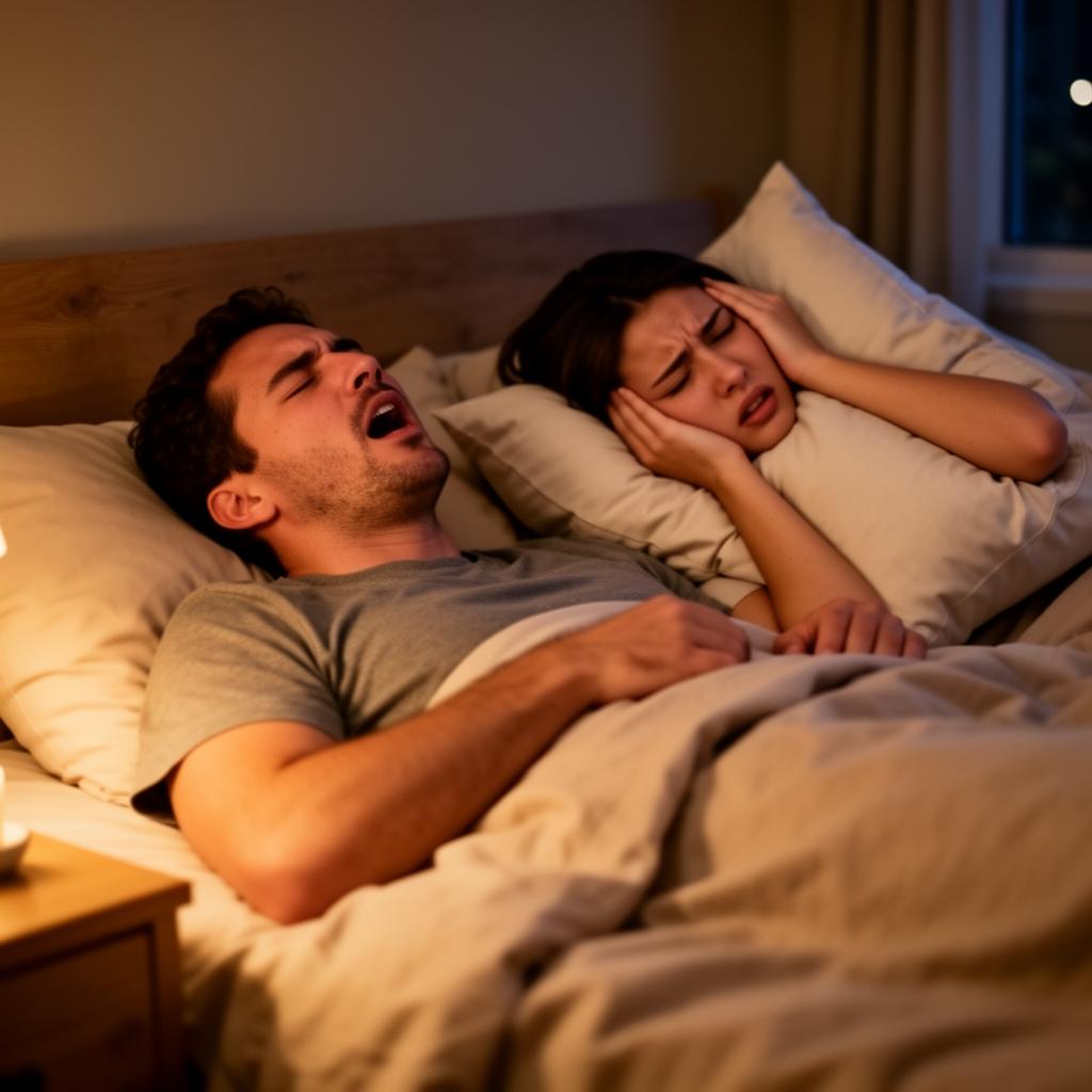 Man snoring in bed while partner covers ears